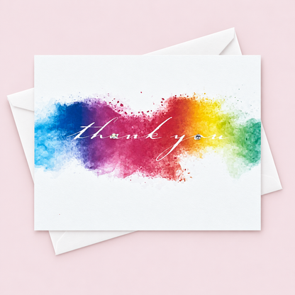 Thank You Rainbow Ink Blot Greeting Card with white envelope on a pale pink background