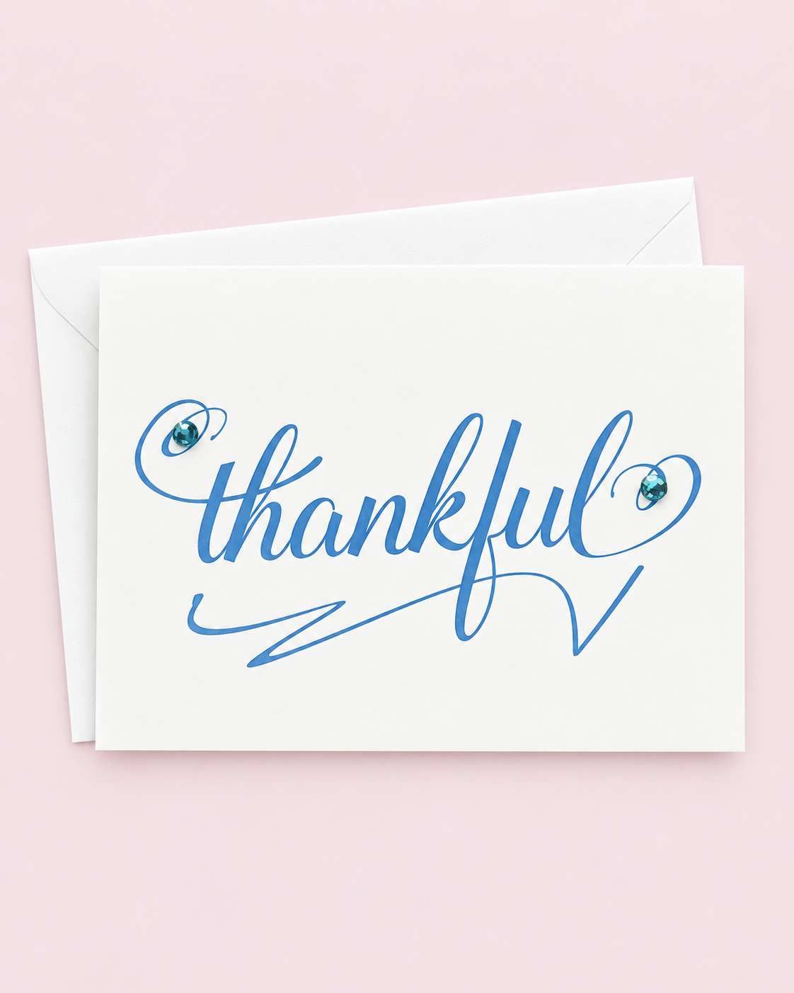 Thanksgiving Greeting Cards - Blue Thankful with white envelope on a pale pink background