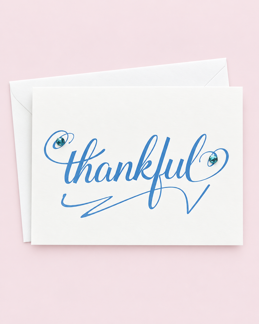 Thanksgiving Greeting Cards - Blue Thankful with white envelope on a pale pink background
