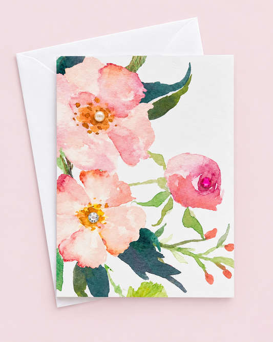 Thanksgiving Greeting Cards - Floral with a white envelope on a pale pink background