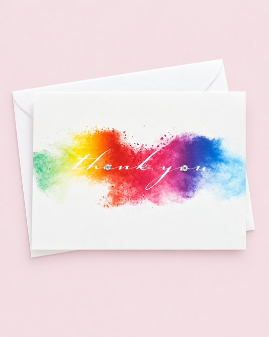 Thanksgiving Greeting Cards - Thank You Rainbow with white envelope on a pale pink background