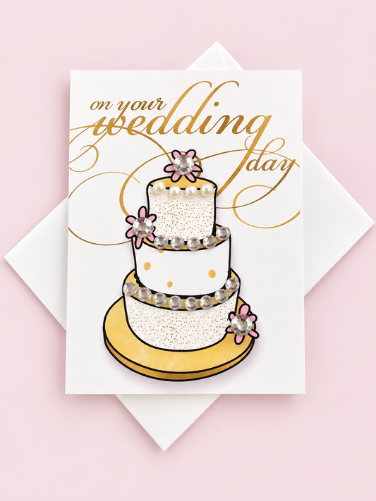 Wedding cake mini with a white envelope on a pale pink background
