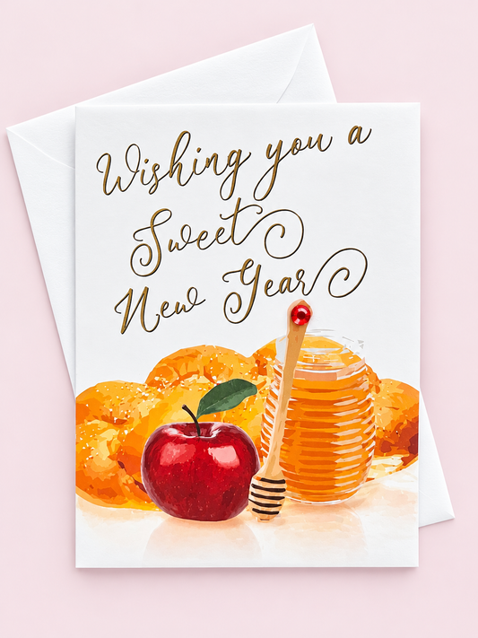 Wishing you a sweet new year! greeting card with its original design, shown with a white envelope on a pale pink background