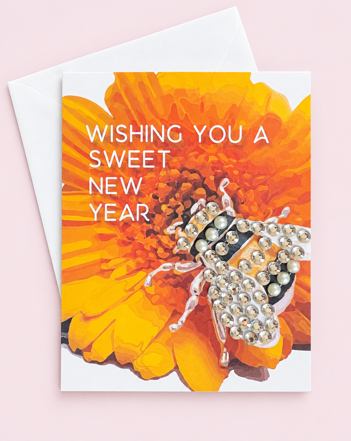 Wishing You a Sweet New Year! Rosh Hashanah Bee Card greeting card with its original design, shown with a white envelope on a pale pink background