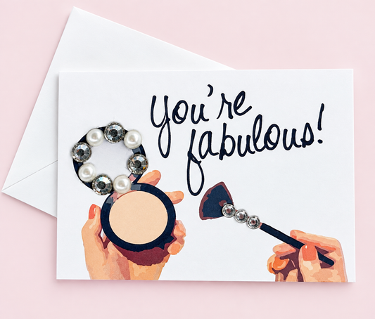 You're Fabulous! mini size greeting card with its original design, shown with a white envelope on a pale pink background