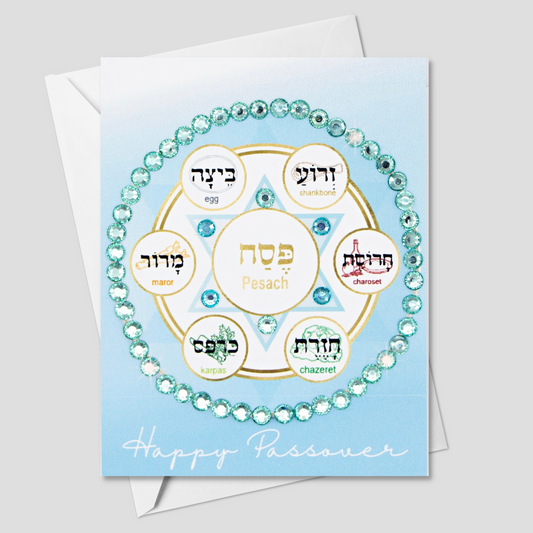 Passover Sedar Plate (Hebrew) Blue Greeting Card