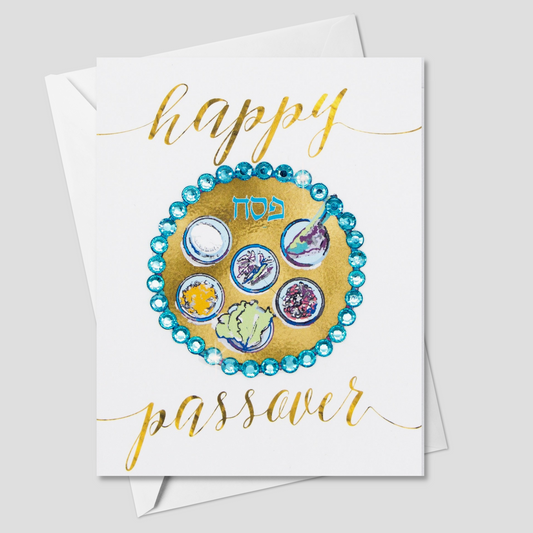 Happy Passover Gold and Blue Sedar Plate Greeting Card