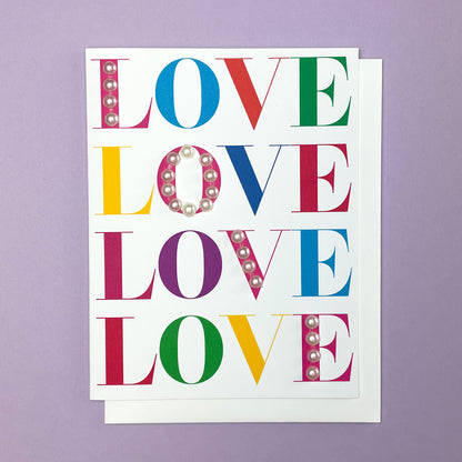 Multicoloured Love Love Love Love greeting card with hand-applied sparkling details