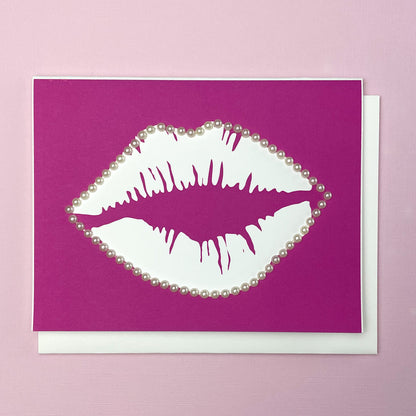Lips and pearls greeting card with hand-applied sparkling details