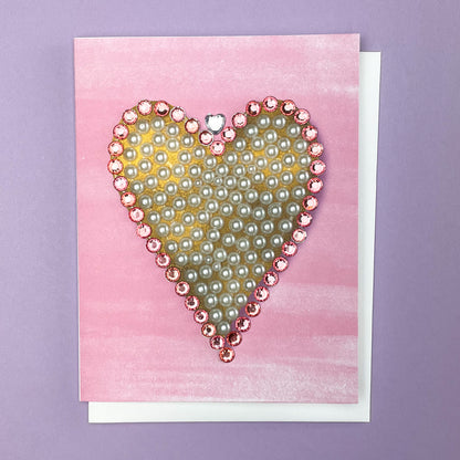 Pink edged pearl heart greeting card with crystal heart crown and hand-applied details