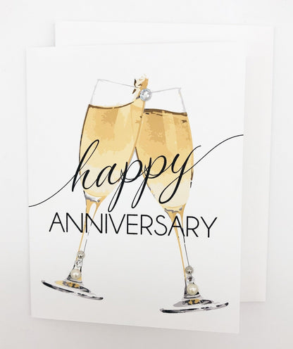 Happy Anniversary champagne greeting card with hand-applied sparkling details