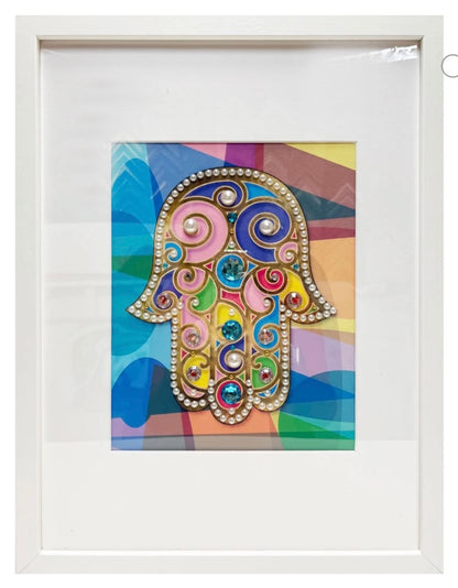Colorful Hamsa Wall Art Framed Print | Hand-Embellished Judaica Decor | Ready to Hang Protection Wall Art | 17” x 13”