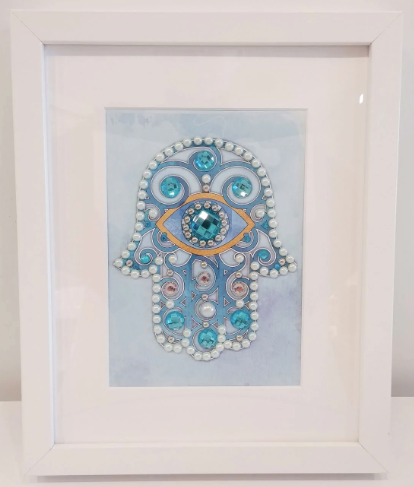 Blue Evil Eye Hamsa Wall Art 8” x 10” | Framed Hand-Embellished Judaica Decor | Protection Gift | Ready to Hang