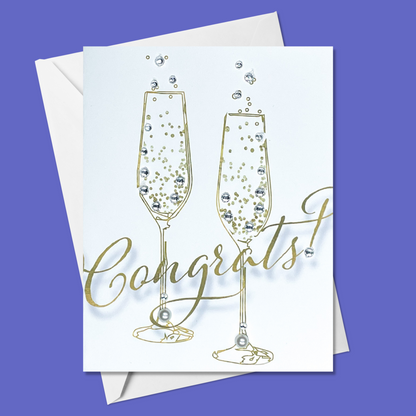 Congratulations champagne glasses greeting card with hand-applied sparkling details
