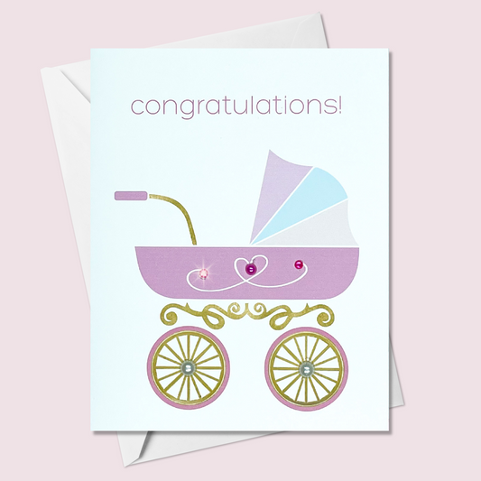 Congratulations! Pink Stroller Baby Greeting Card