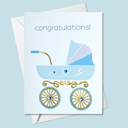 Congratulations! Blue Stroller Baby Greeting Card