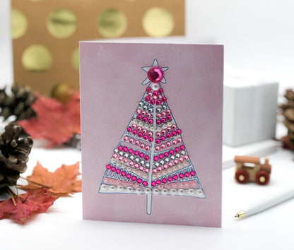 Merry Christmas tree greeting card with pink sparkles and hand-applied details