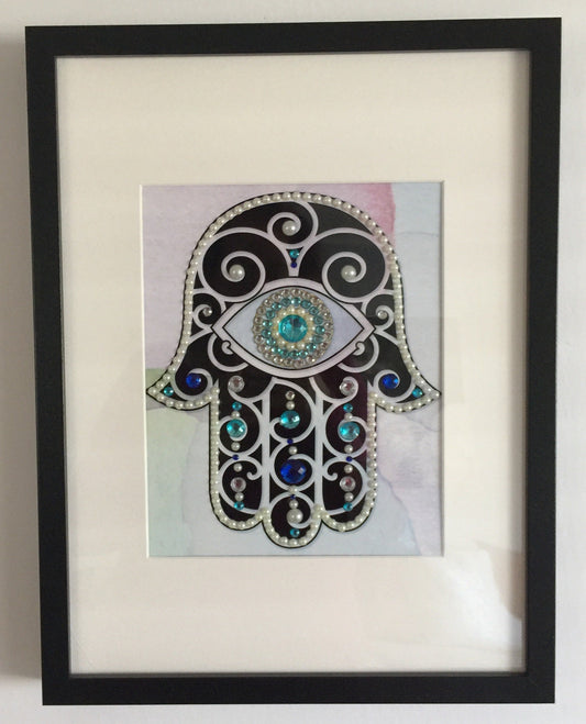 Hamsa Hand Artwork in Black on a Pastel Watercolour Background - Framed