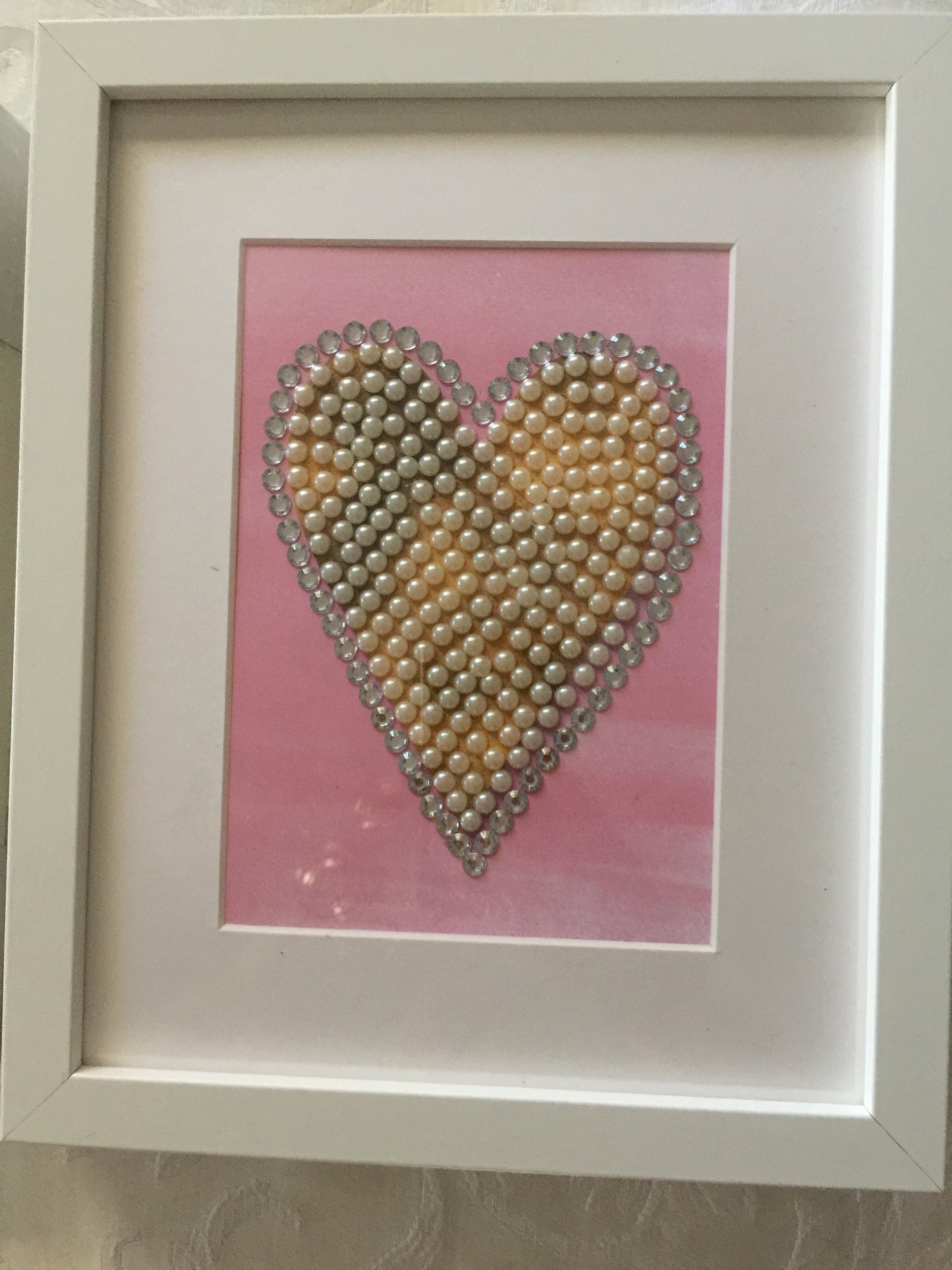Framed “pearls and diamonds in love”heart 5x7 pink background