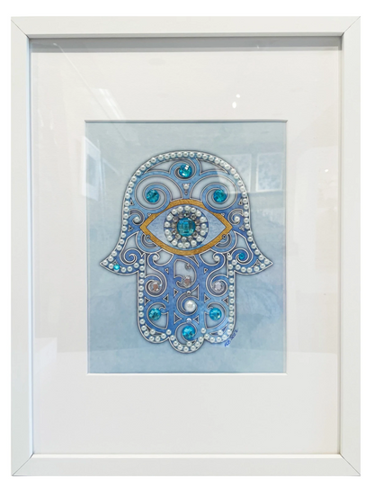 Blue Evil Eye Hamsa Wall Art | Framed Hand-Embellished Judaica Decor | Protection Wall Hanging | 17” x 13”