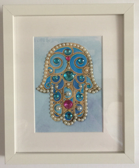Hamsa Hand Artwork in Blue and Gold - Framed