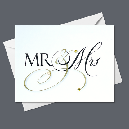Mr and Mrs wedding greeting card with gold flourish and crystal details