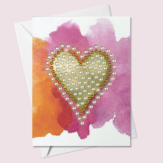 Pearl Heart + Pink and Orange Watercolour Greeting Card